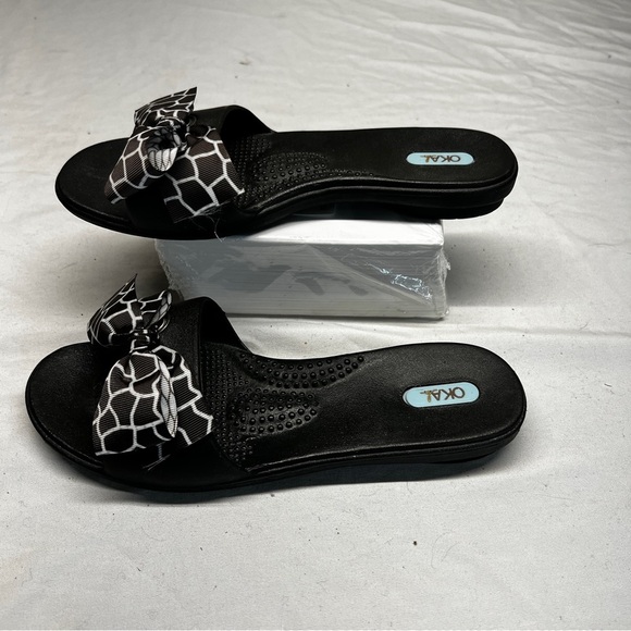 OKAB WOMENS MADISON SLIDE SANDAL black with leopard Bows size medium - Picture 6 of 9